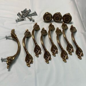 Brass Lot of 11 Decorative Handles and Knobs with Ornate Designs Antique Floral